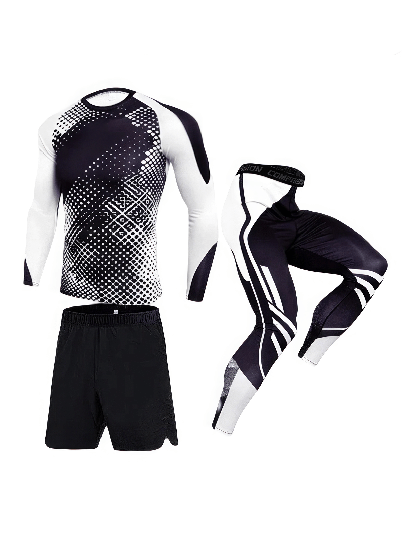 Men's athletic performance wear set SF2032, featuring a black and white design with O-neck, perfect for bodybuilding, running, and yoga.
